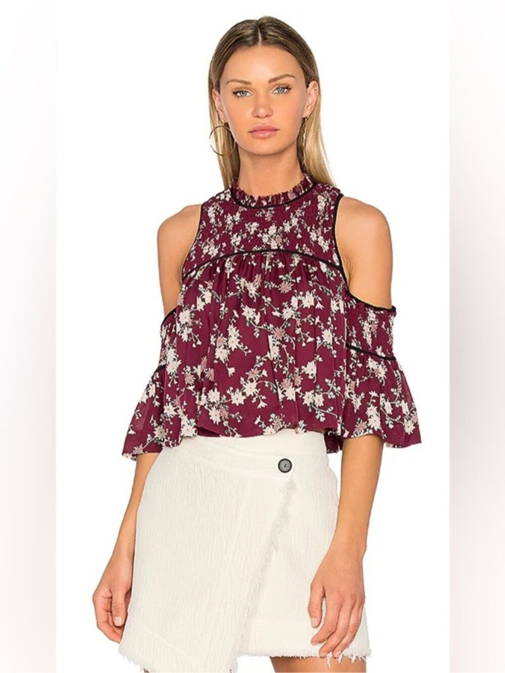 REVOLVE FAV | Cinq à Sept Soha Smock Ruffle SILK floral cold Shoulder Top red S